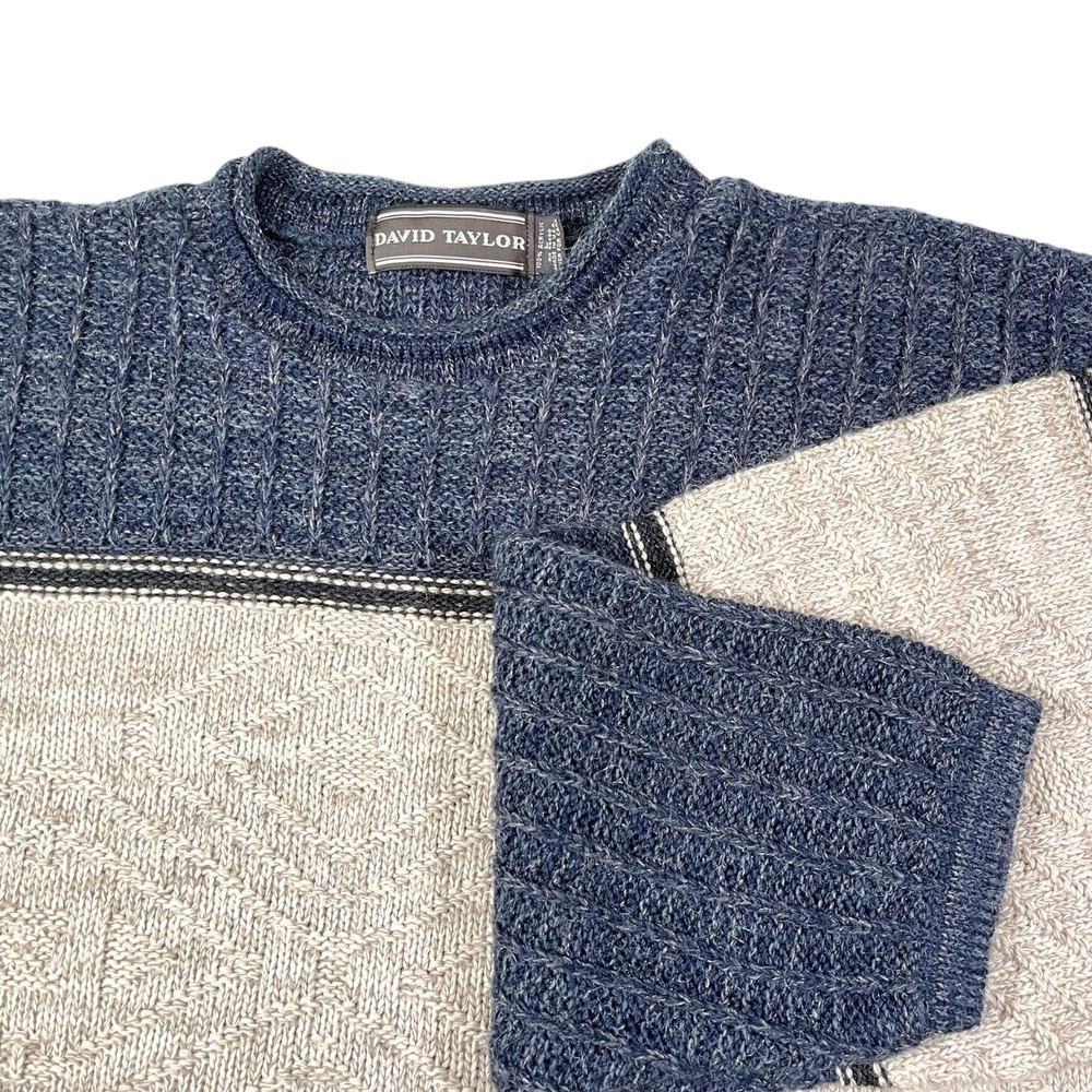 David Taylor Large Blue Cream Knit Sweater Colorblock Geometric Grandpa Core